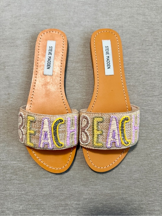 Steve Madden Shoes - Steve Madden Tan Slide Sandals with Yellow & Purple Beaded 'BEACH' Strap